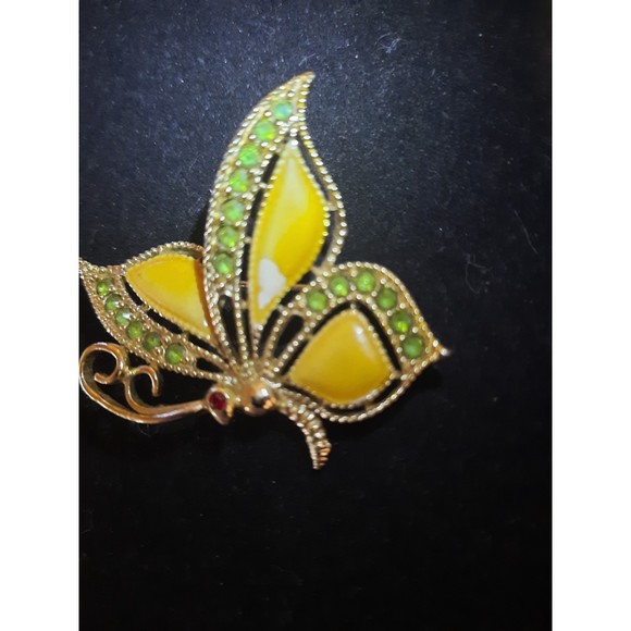 Butterfly Vintage Brooch Gold Tone Green Rhinestones  Yellow Enamel AS IS - Picture 3 of 8